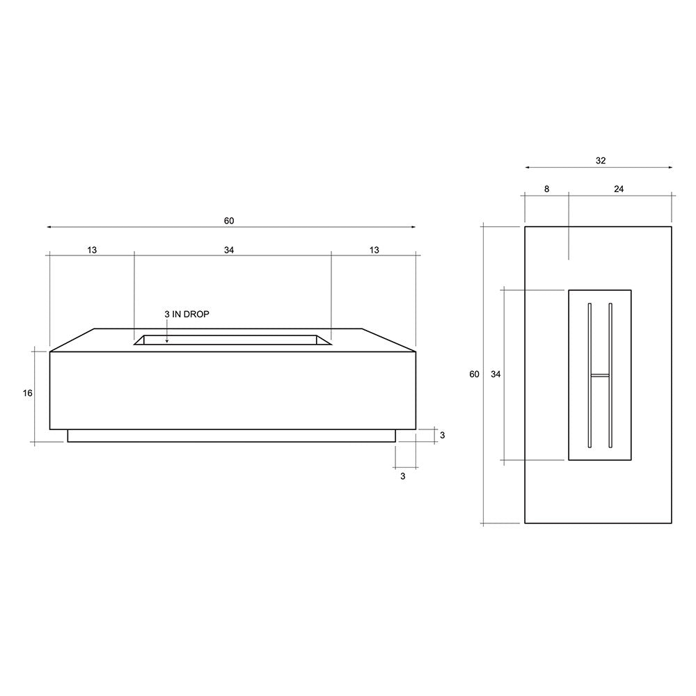 Tavola rectangular concrete gas fire pit layout with burner cutout and drop detail