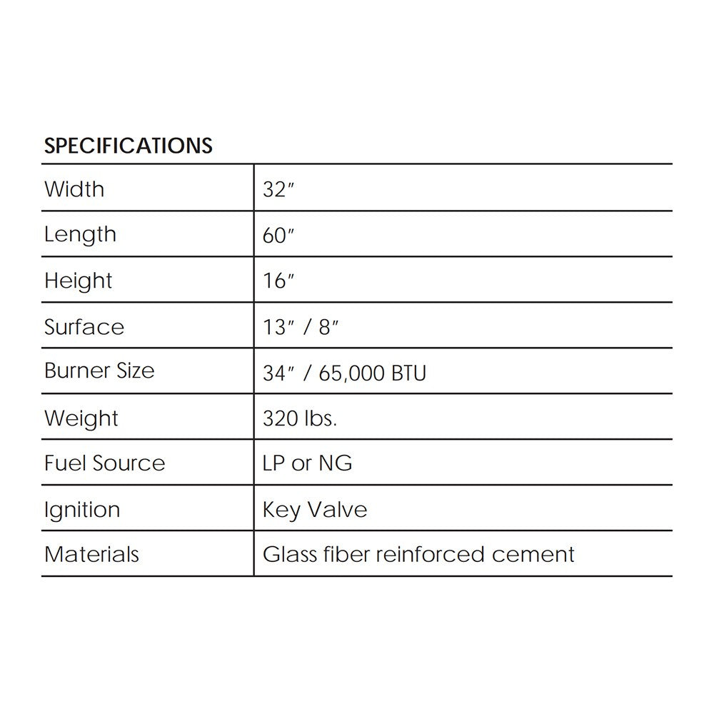 Tavola 60x32-inch concrete gas fire pit specifications chart