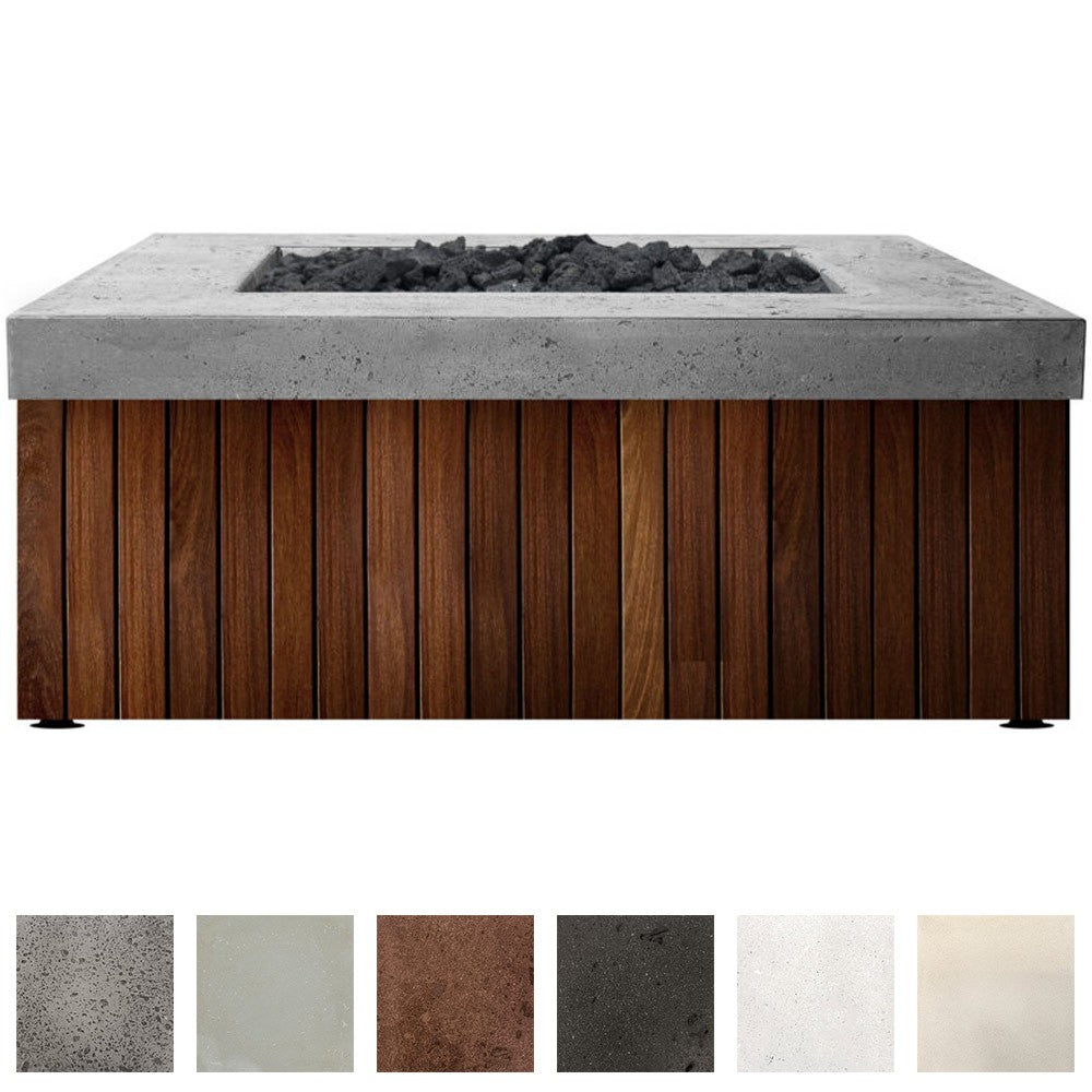 Rectangular concrete gas fire pit with open burner bowl and wood slat sides