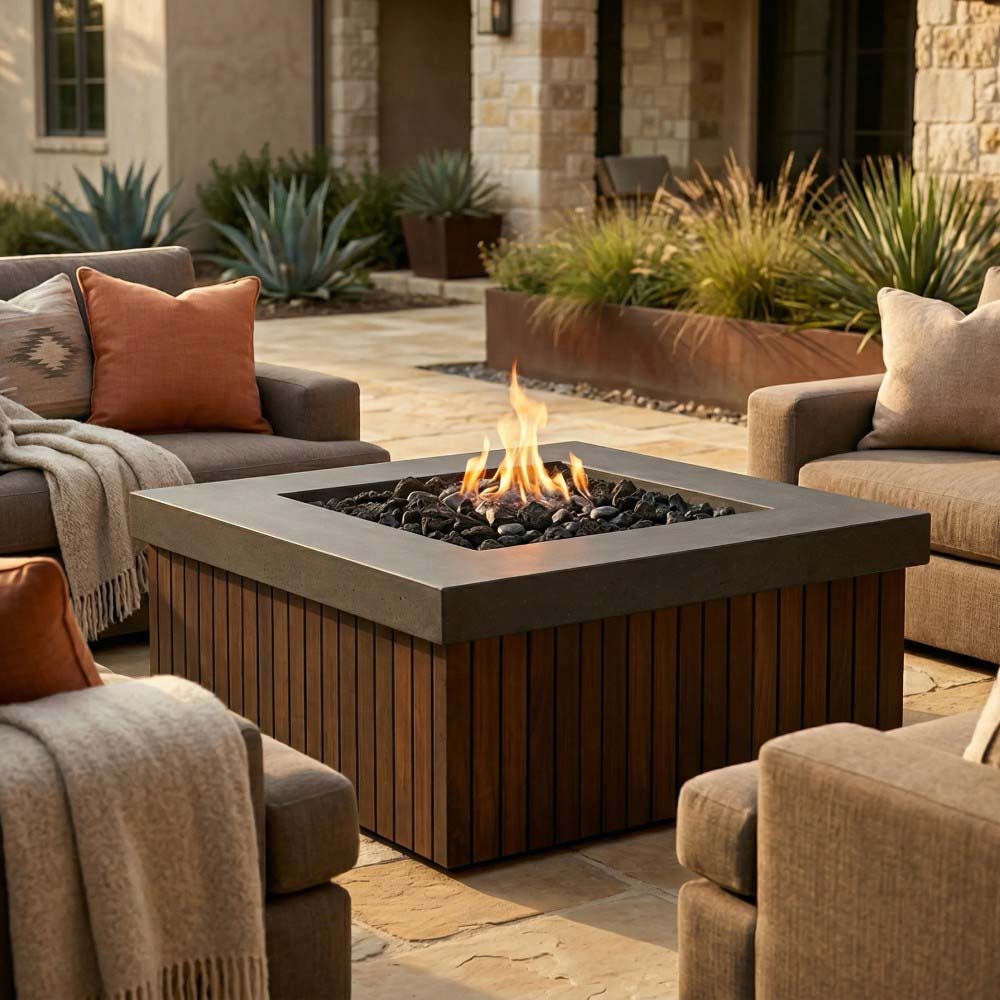 Rectangular concrete gas fire pit with visible flames, wood slat sides, open burner