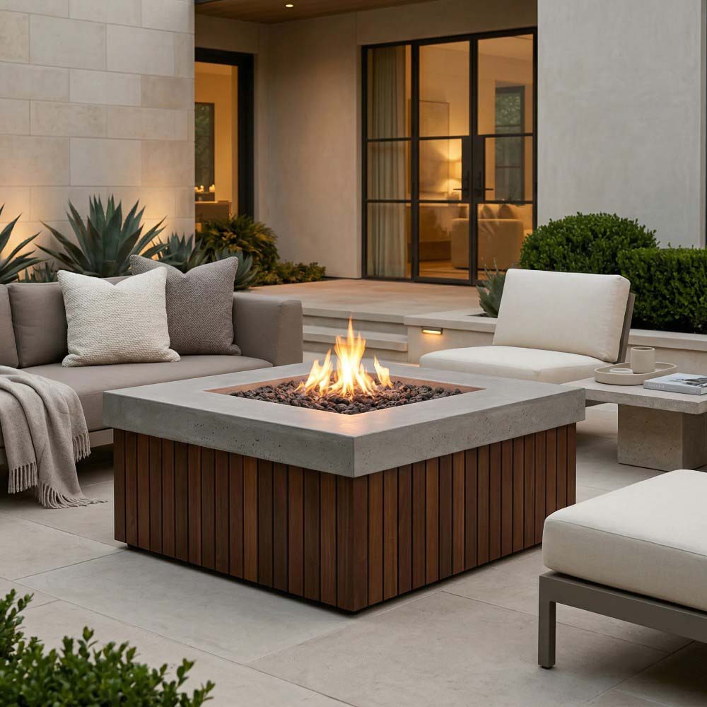 Rectangular concrete gas fire pit with flames in the open burner, wood slat sides