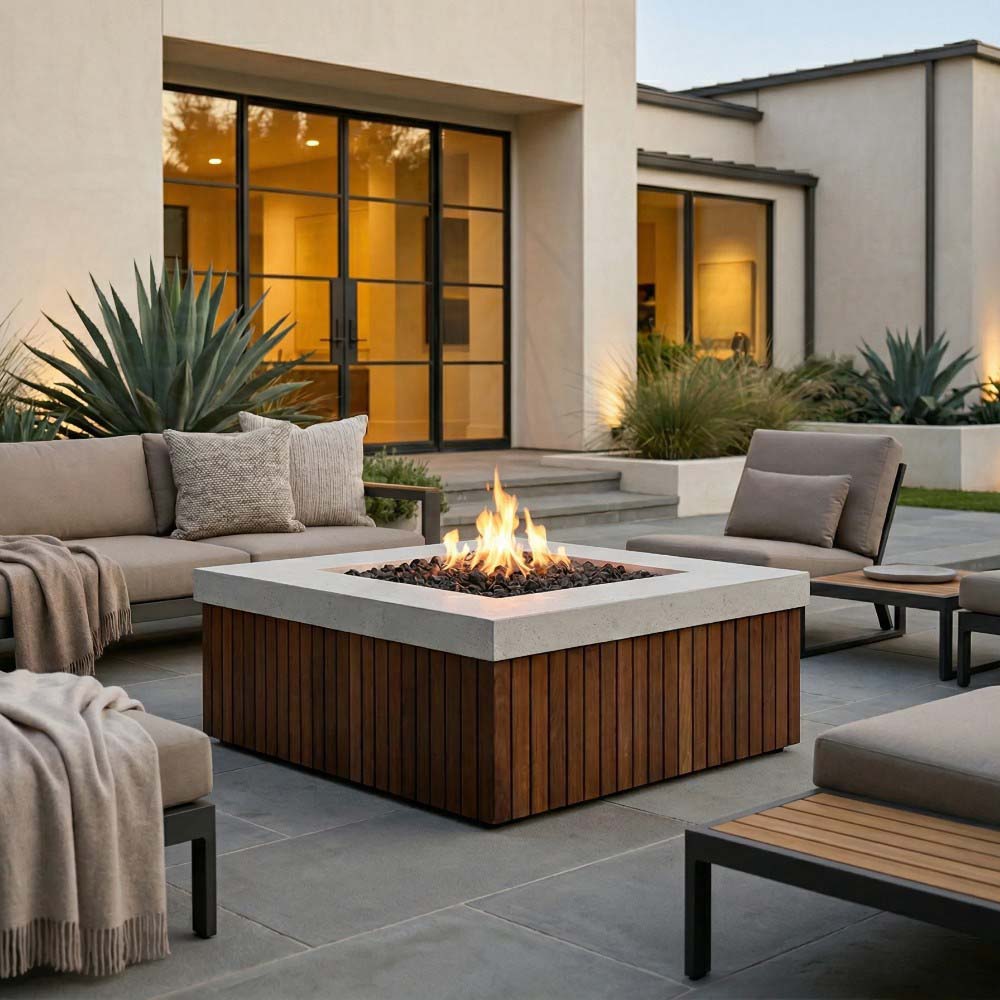 Rectangular concrete gas fire pit with burning fire and wood slat base