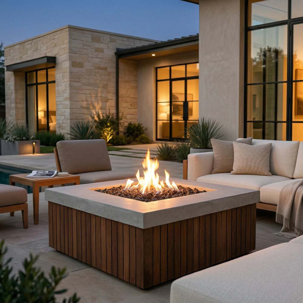 Rectangular concrete gas fire pit with burning flames and wood slat cabinet sides
