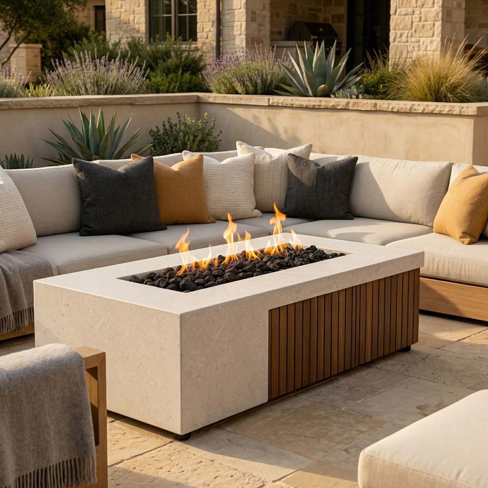 Light concrete gas fire pit with burning flames and wood-slat side panels
