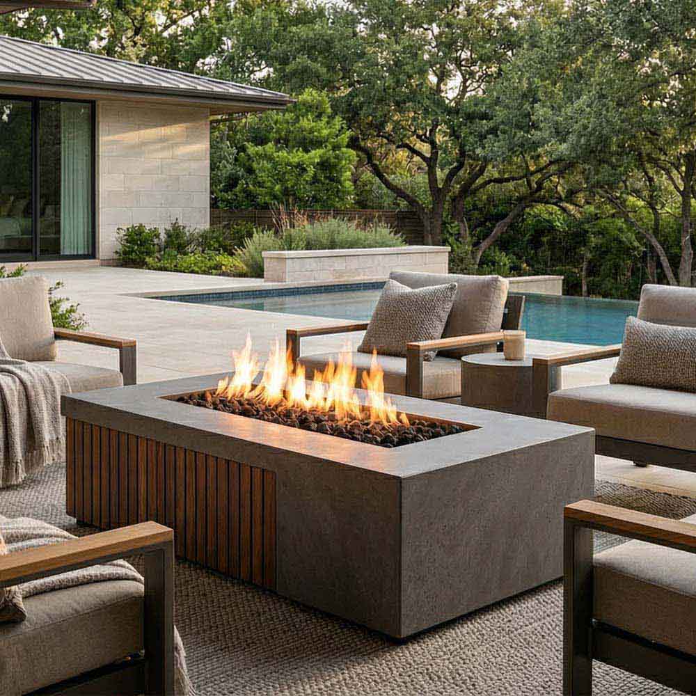 Outdoor rectangular concrete gas fire pit with wood-slat sides and visible flames