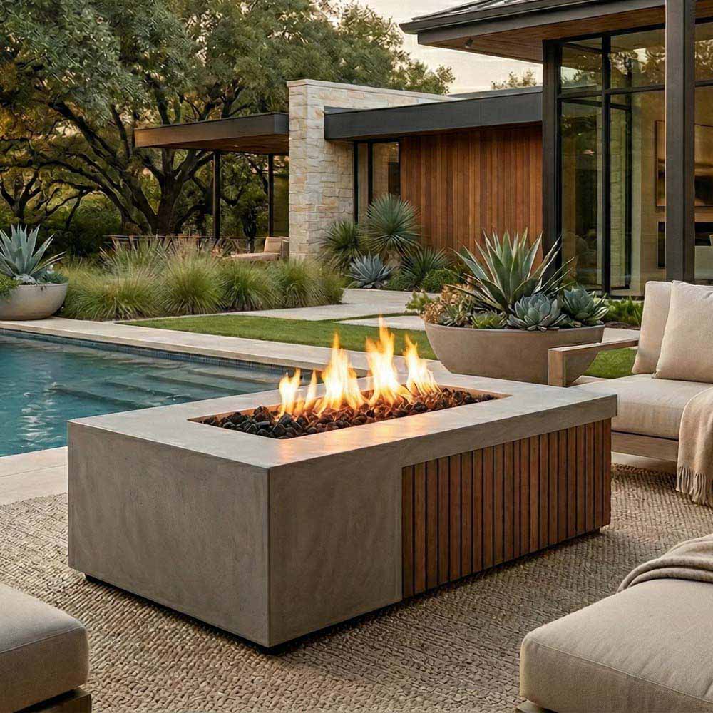 Rectangular concrete gas fire pit with flames and wood-slat side panel