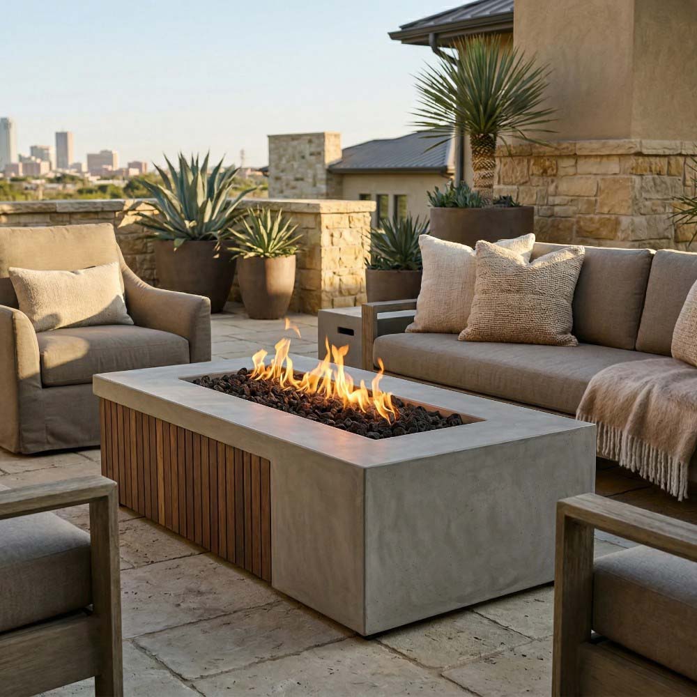 Concrete gas fire pit with flames, lava bed, and wood-slat side panels