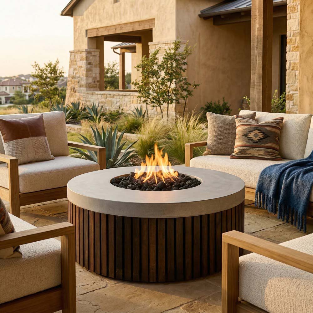 Round outdoor gas fire pit with flame, light concrete top and dark wood-slat sides