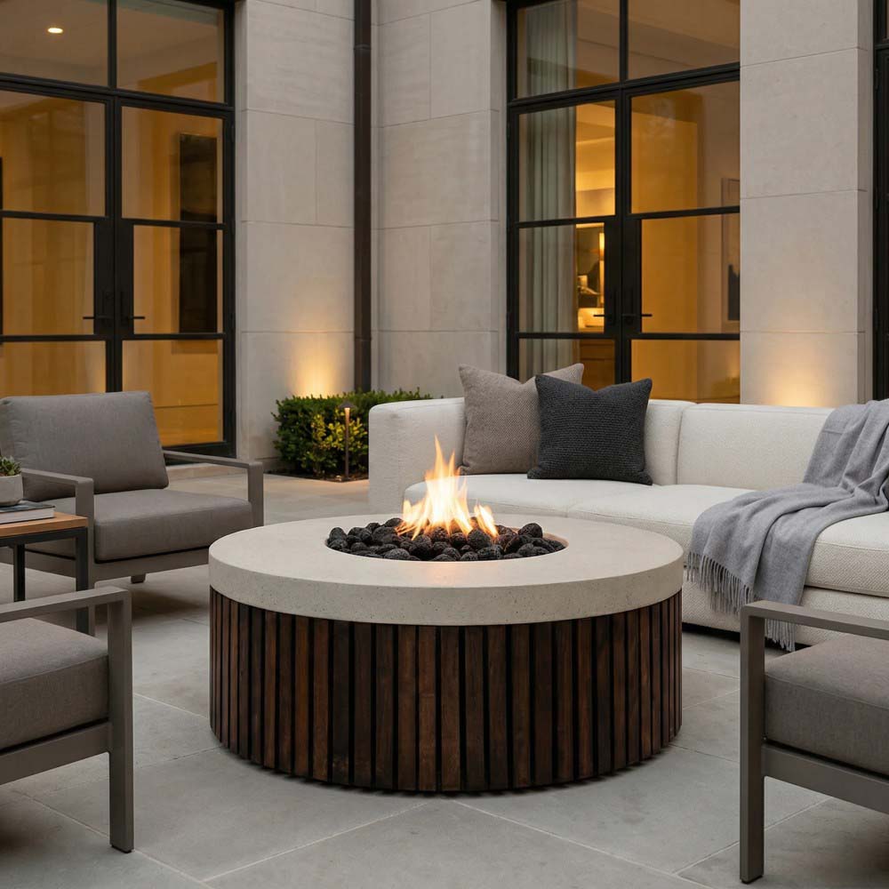 Round outdoor gas fire pit with flame, speckled concrete top and dark wood slats