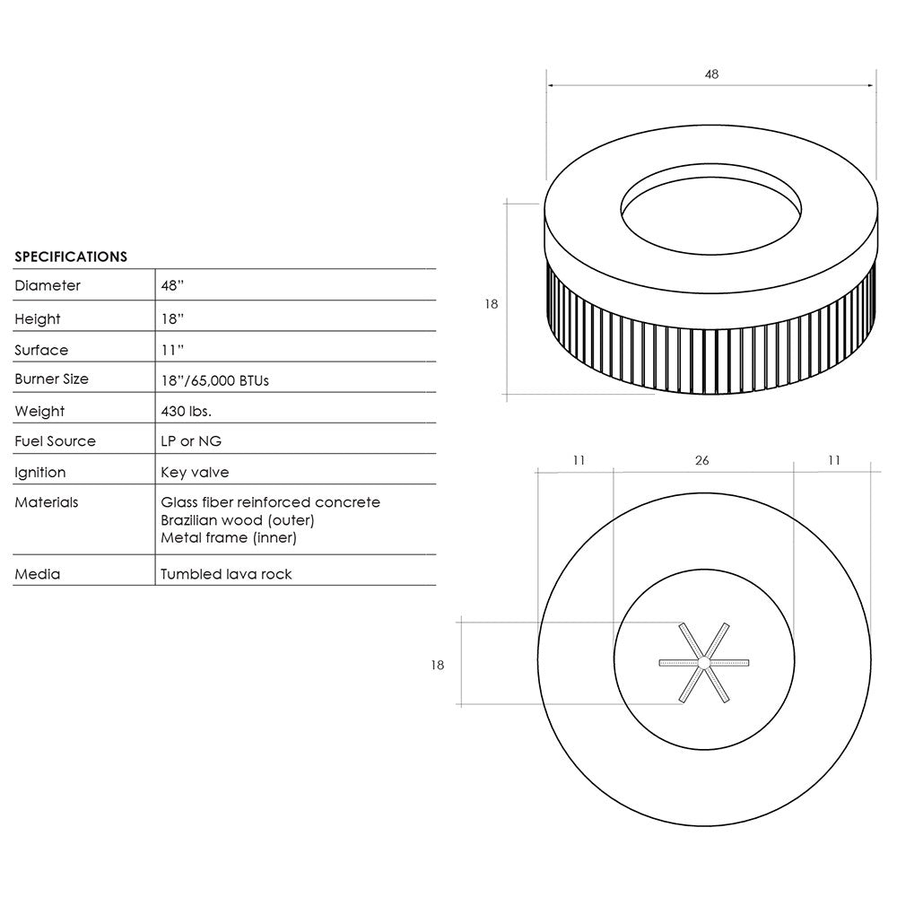 Round concrete gas fire pit with internal burner cross section, top and side views