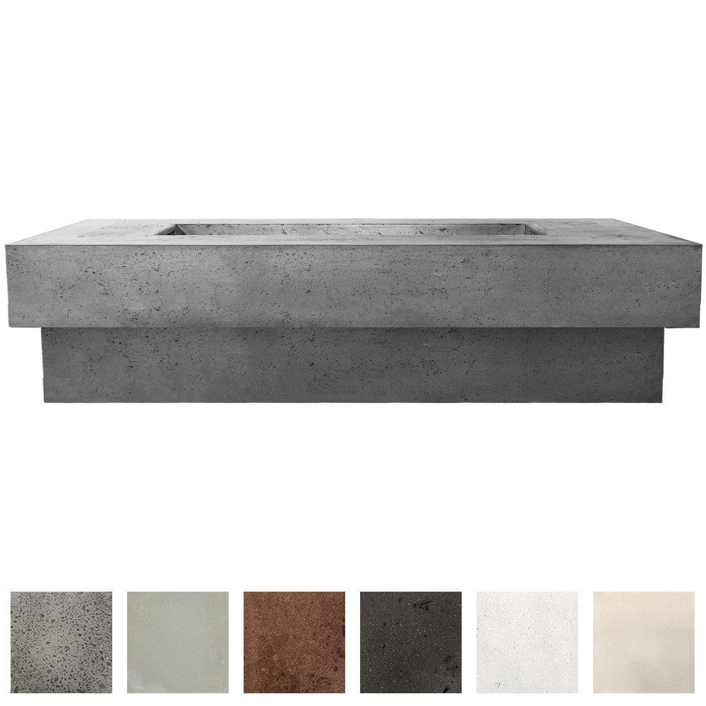 Rectangular concrete gas fire pit body with smooth top opening and burner insert