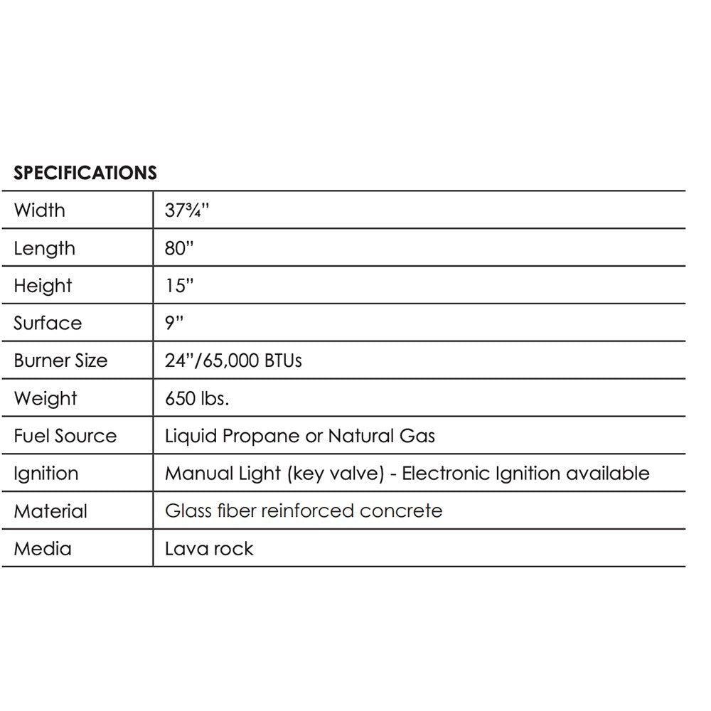 Concrete gas fire pit specifications sheet with dimensions and fuel/ignition details
