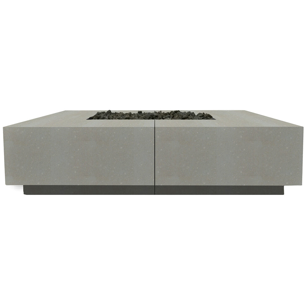 Concrete gas fire pit table with square burner opening, light gray finish