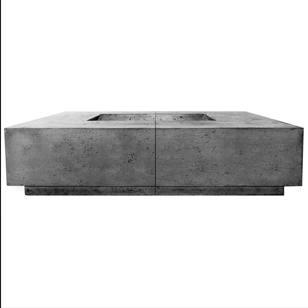 Concrete gas fire pit table with square burner opening, medium gray concrete