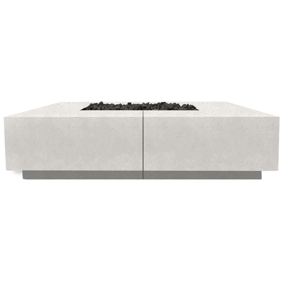 Concrete gas fire pit table with square burner opening, pale gray finish
