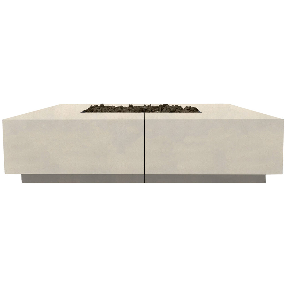 Concrete gas fire pit table with square burner opening, off-white finish