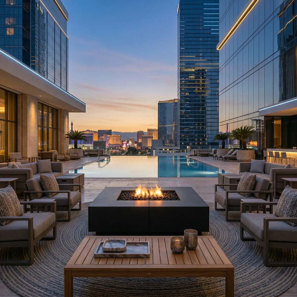 Square concrete gas fire pit with flames between outdoor lounge chairs