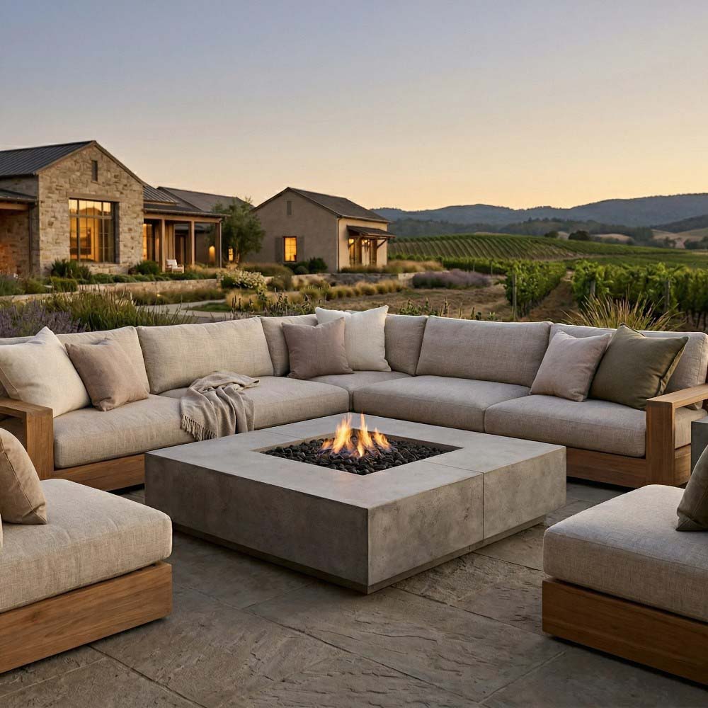 Square gray concrete gas fire pit with open flame on stone patio