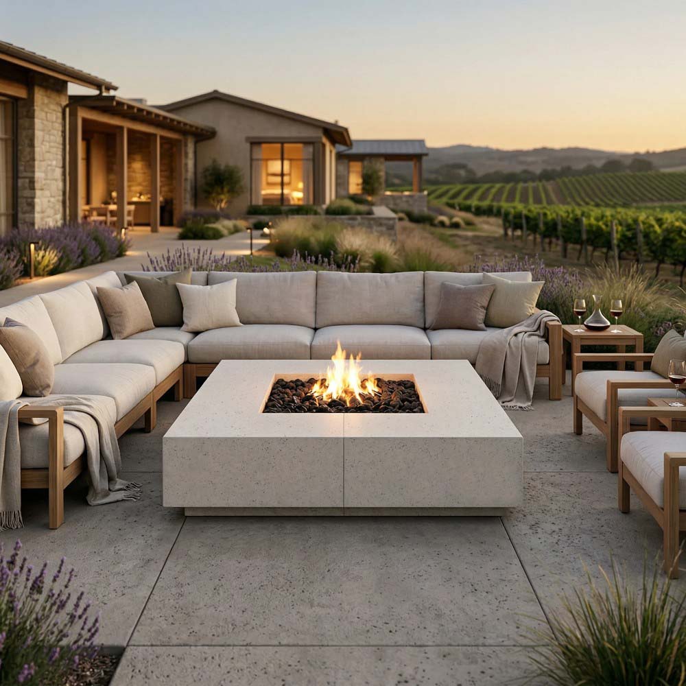 Square gray concrete gas fire pit with flames in outdoor lounge setting