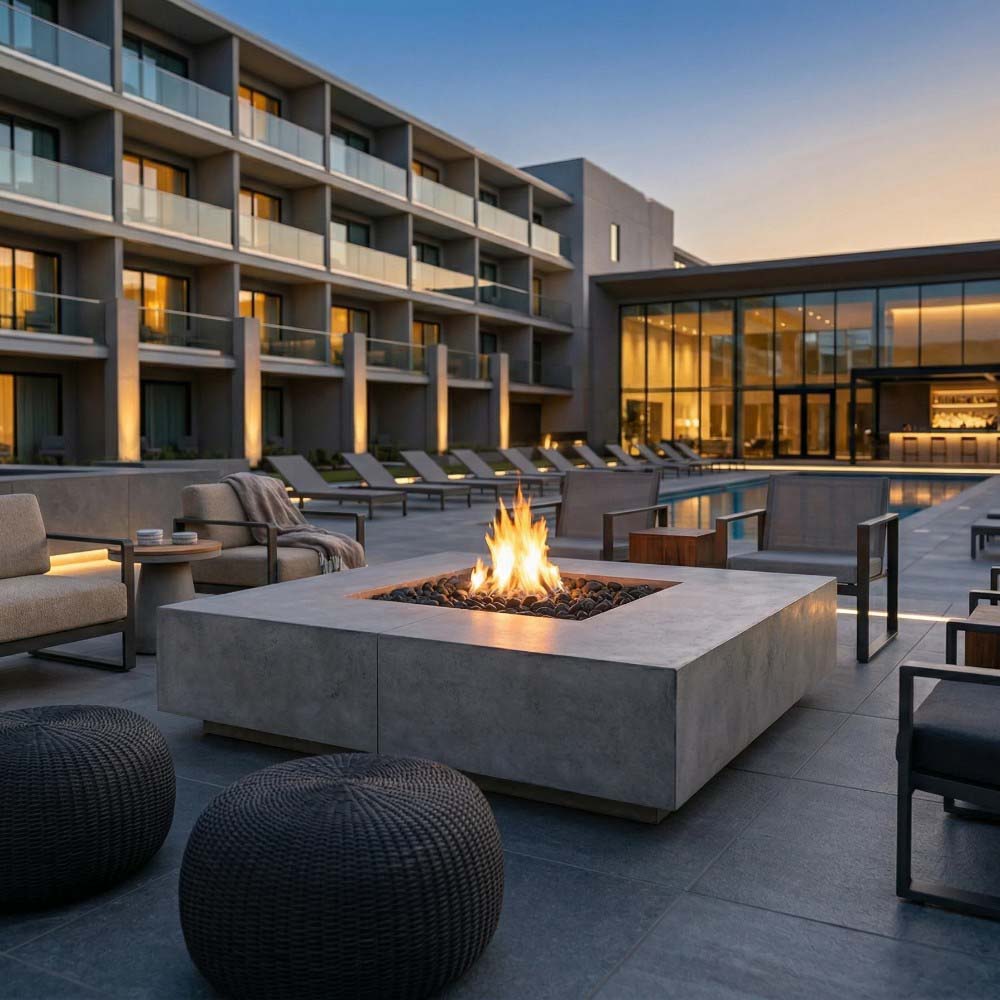 Square gray concrete gas fire pit in outdoor patio seating area