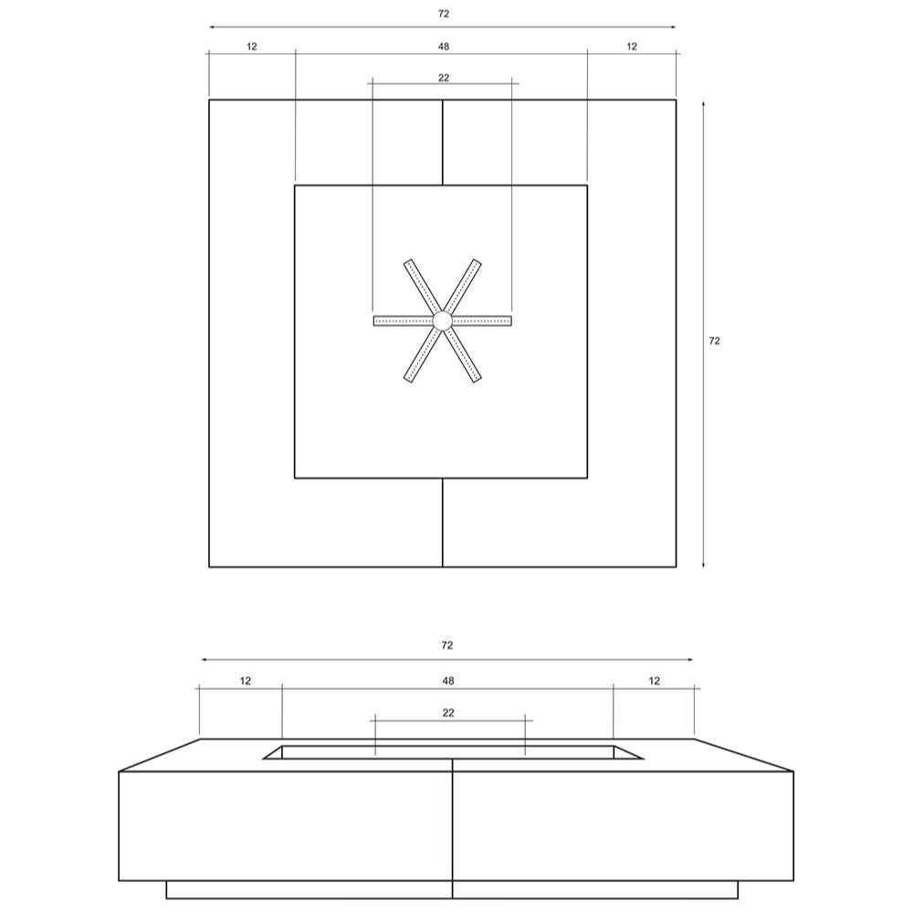 Concrete gas fire pit layout diagram with burner and ignition cross-section