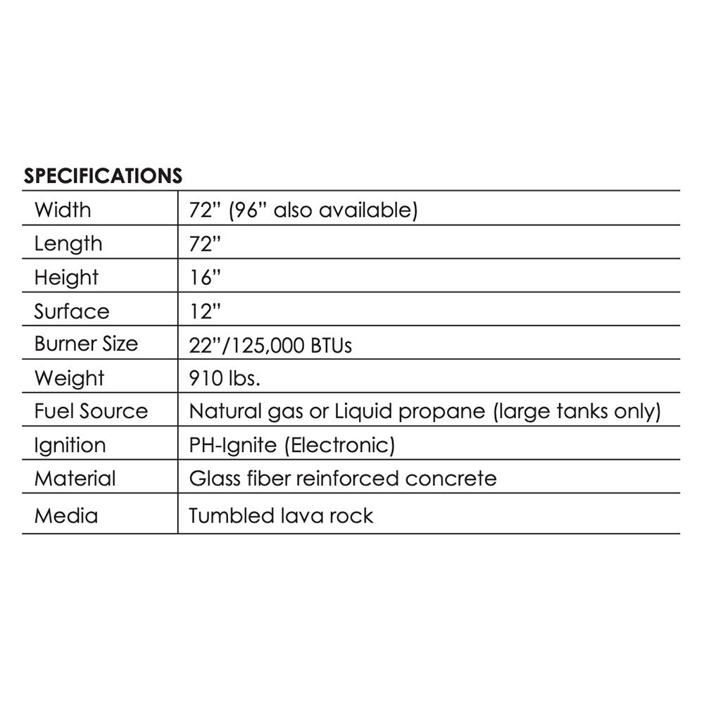 Concrete gas fire pit specs table with dimensions and fuel/ignition details