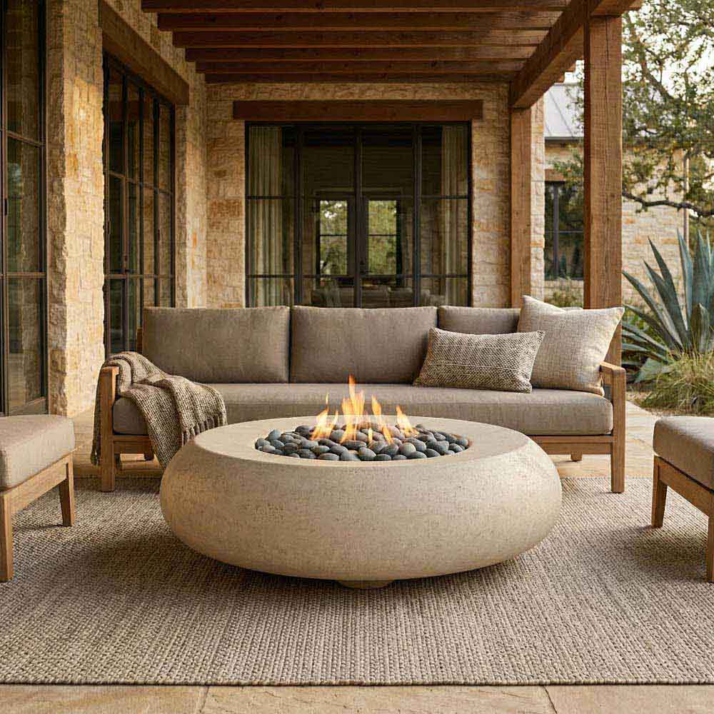 Light gray concrete gas fire bowl with flame glowing above dark stones.
