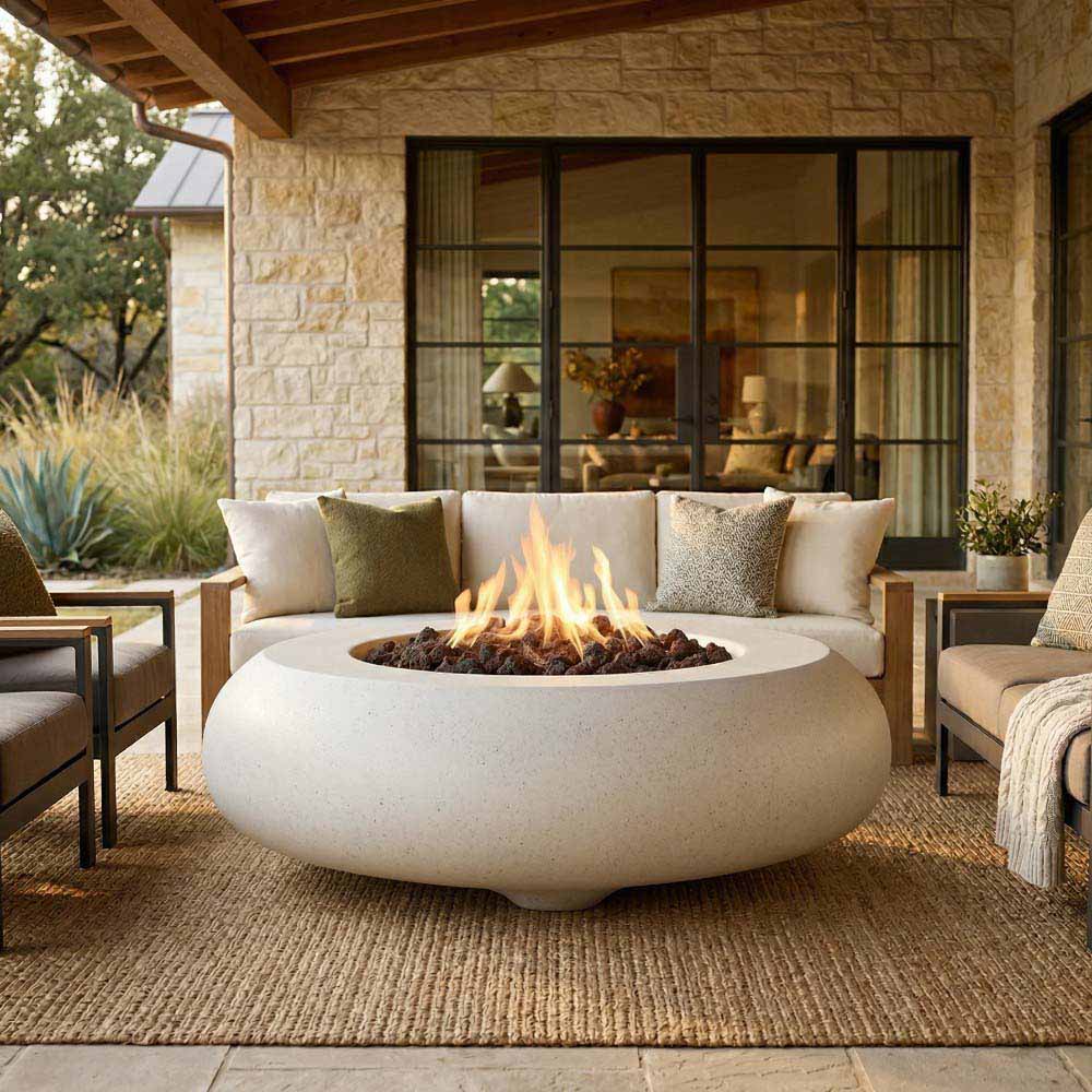 White concrete gas fire bowl with flame and stone burner insert in center.