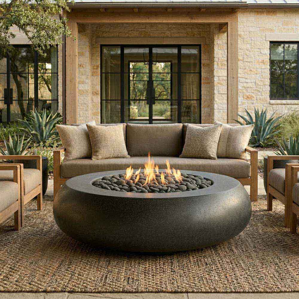 Light gray concrete gas fire bowl with flame visible and stone burner insert.