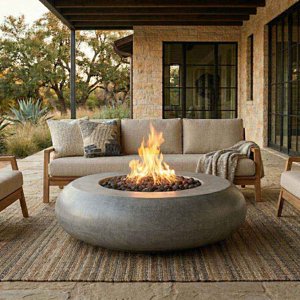 Light gray concrete gas fire bowl with centered flame and dark stone burner.