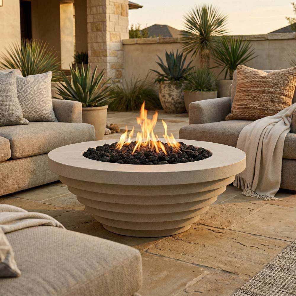 Outdoor round concrete gas fire pit bowl with flames and stacked ring base