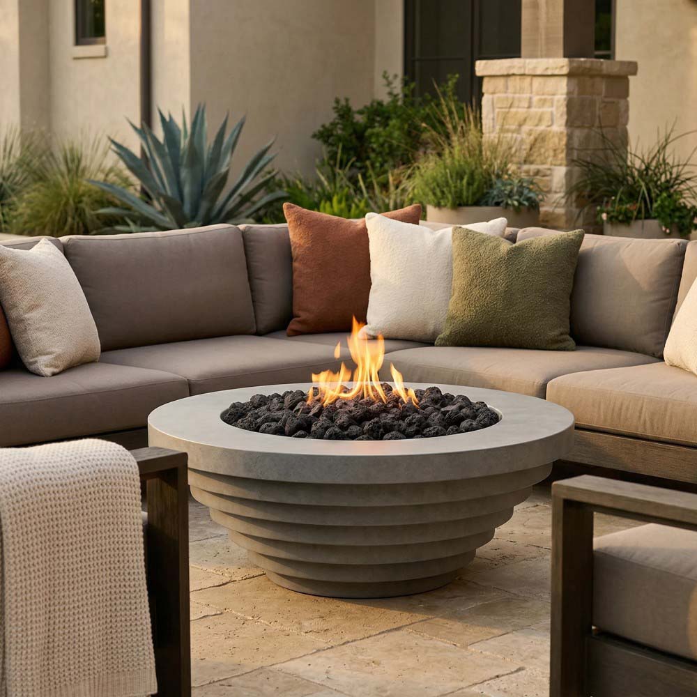 Concrete gas fire pit bowl with stacked ring base and visible flames