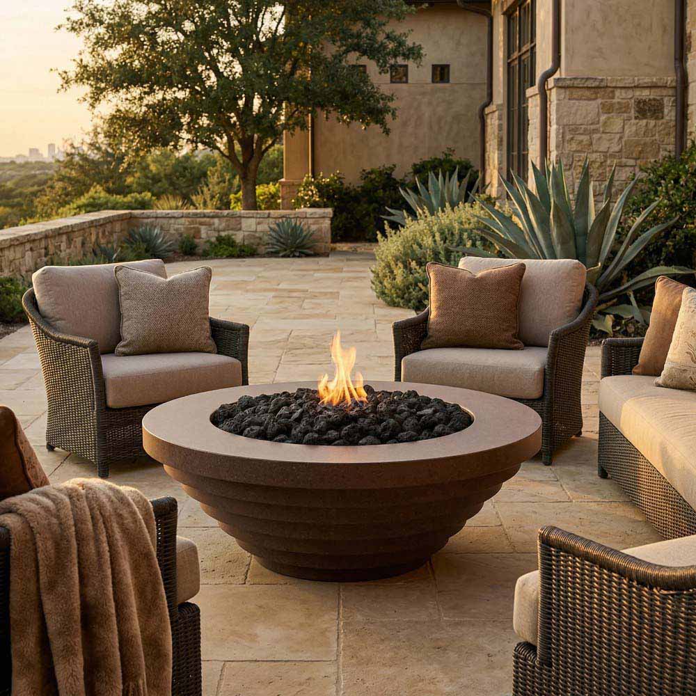 Round concrete gas fire pit with flame in center on outdoor stone patio