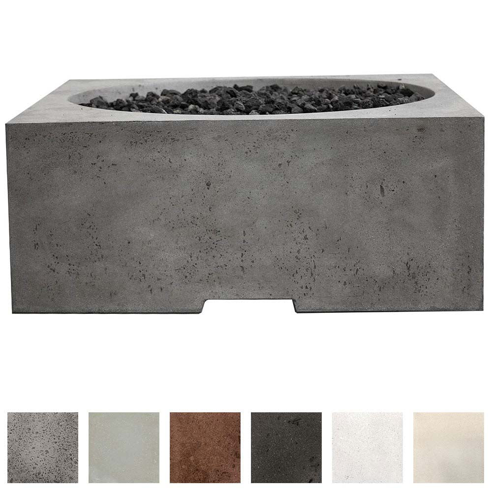 Gray concrete square gas fire pit with top burner opening; color swatches shown