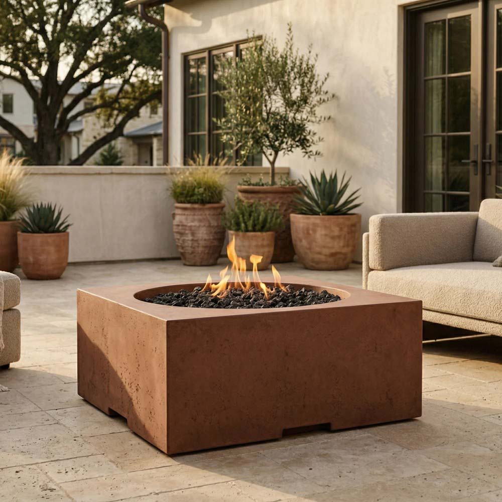 Concrete square gas fire pit with burning flame in round top burner bowl