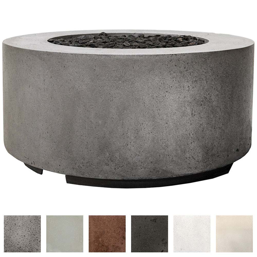 Concrete cylindrical gas fire pit on white background, with round burner opening and color swatches