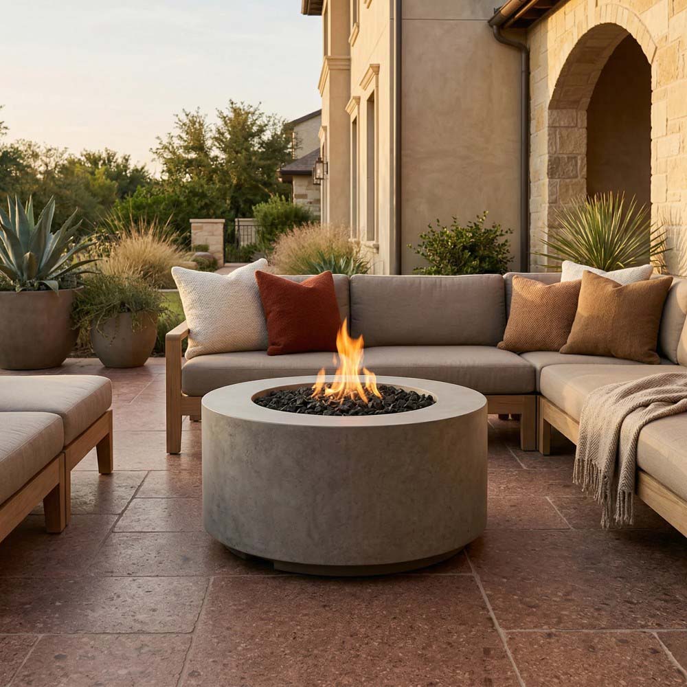 Light gray concrete cylindrical gas fire pit with round burner opening and flames