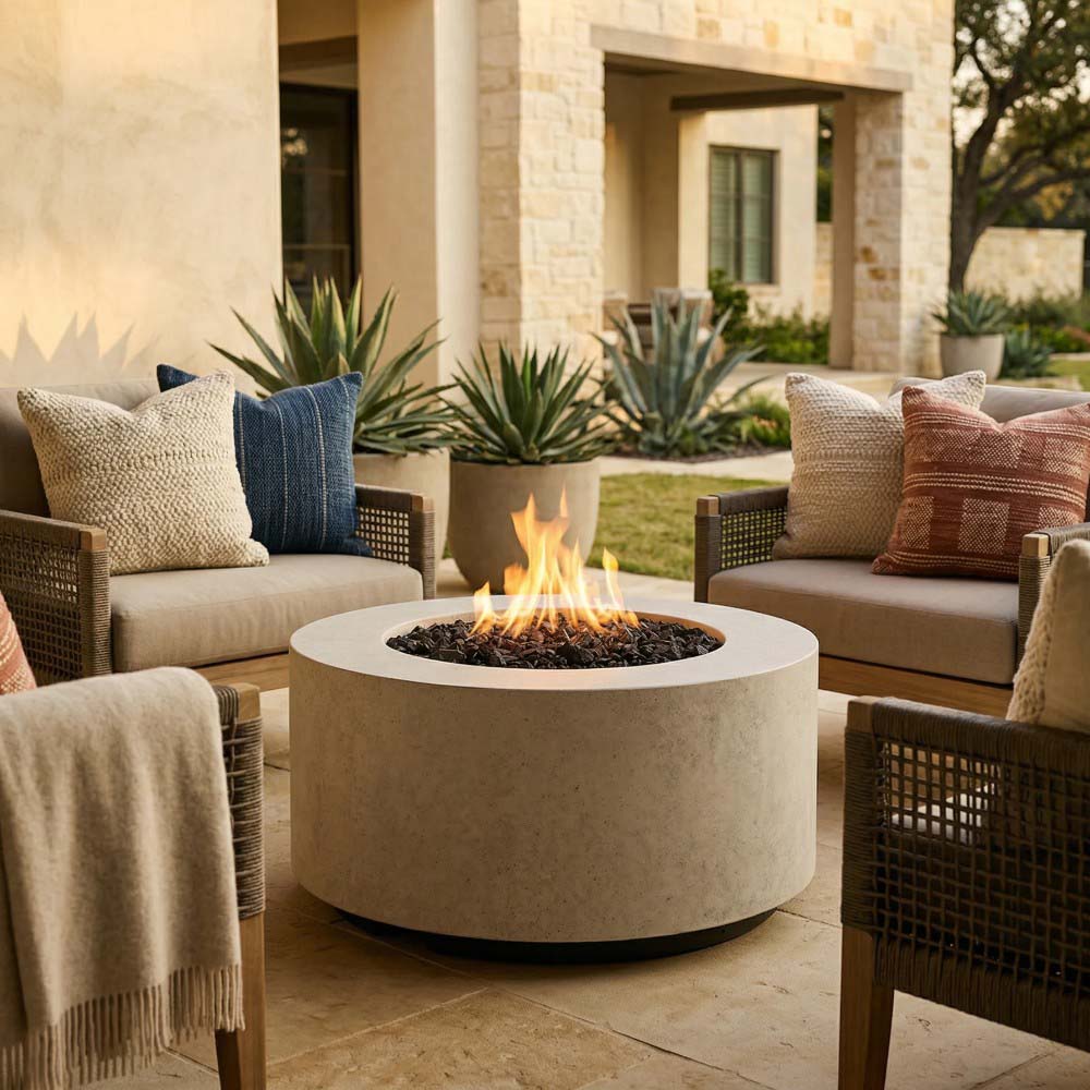 Light concrete cylindrical gas fire pit with round burner opening and low flames