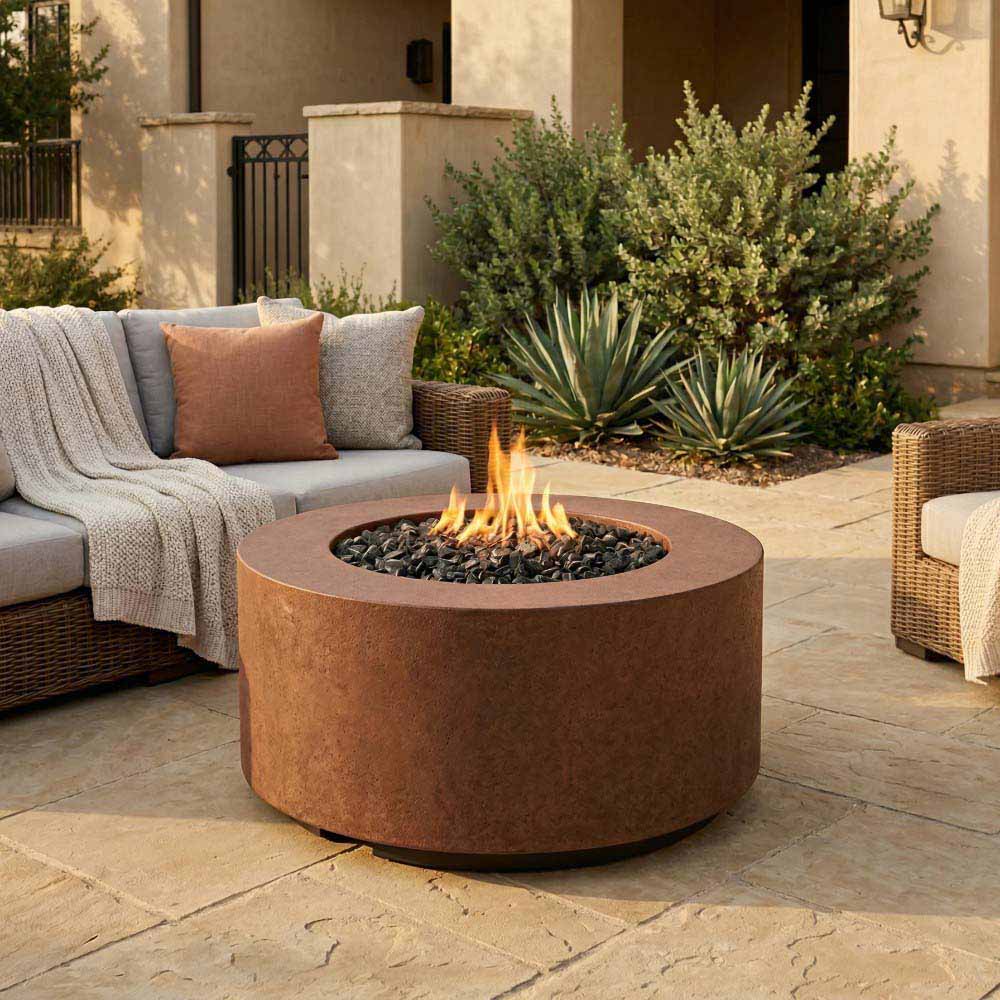 Brown concrete cylindrical gas fire pit with round burner opening and visible flames