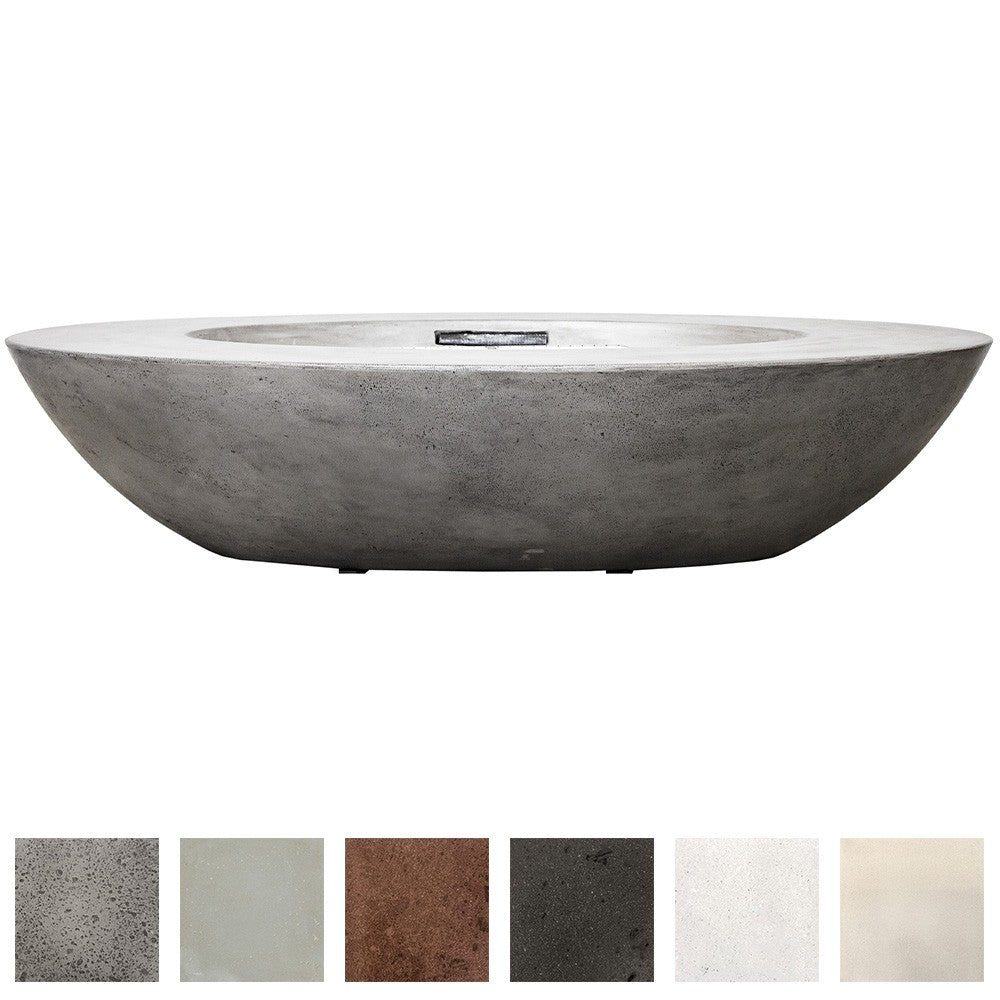 Oval concrete gas fire pit with circular burner and dark gray finish
