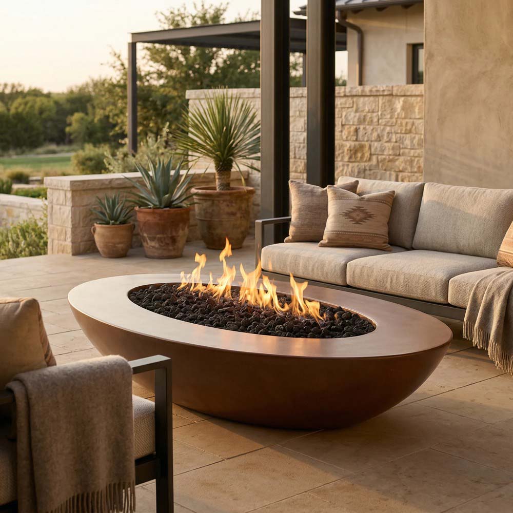 Oval concrete gas fire pit with lit flame in black firebed