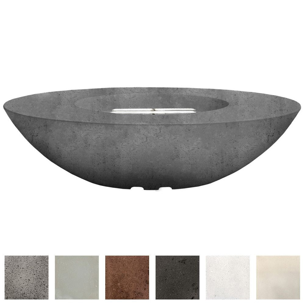 Grey oval concrete gas fire pit bowl with linear burner opening across the top