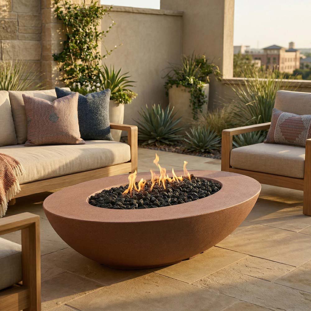 Tan oval concrete gas fire pit with flames and black lava rock burner bed