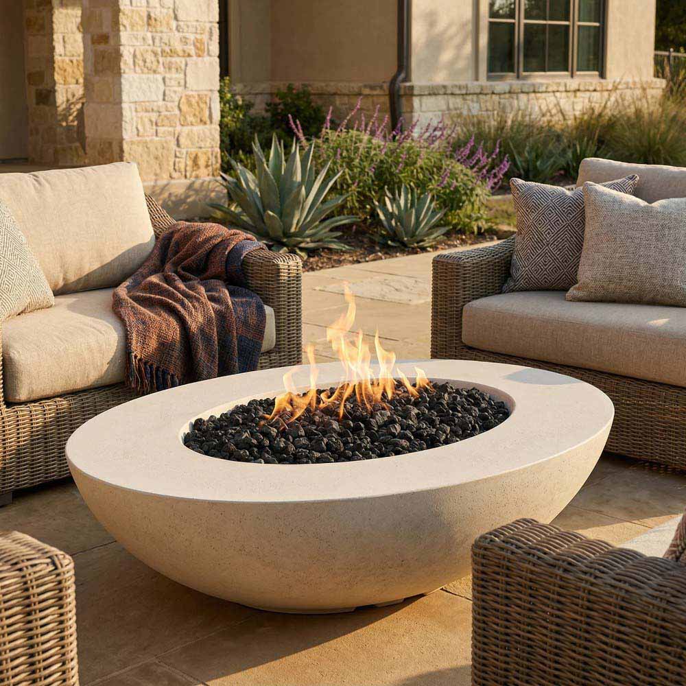 Oval concrete gas fire pit with flames, round black burner insert in center