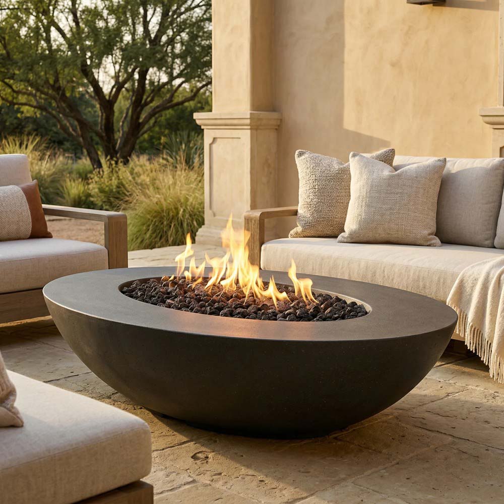 Outdoor oval concrete gas fire pit with visible flames in the center bowl
