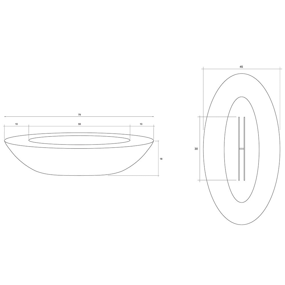 Oval concrete gas fire pit bowl with built-in burner area, side profile dimensions shown