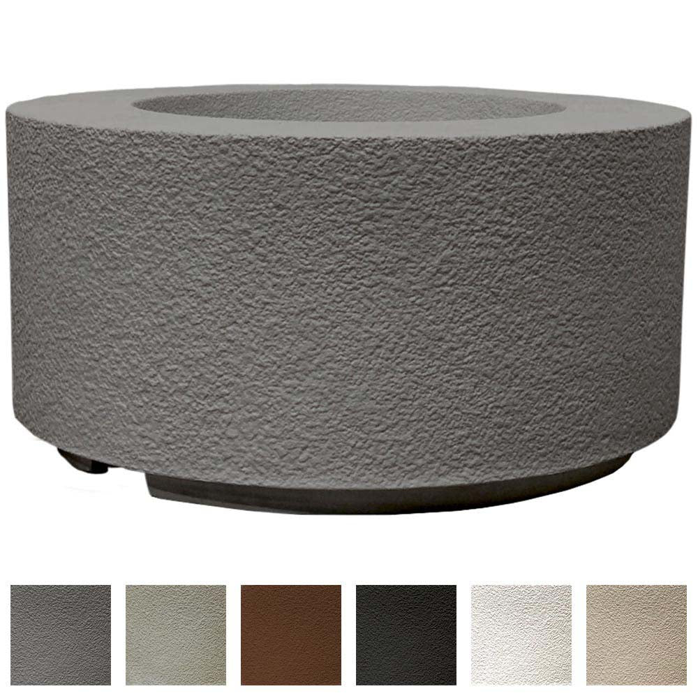 Cylindrical concrete gas fire pit close-up with multiple color option swatches