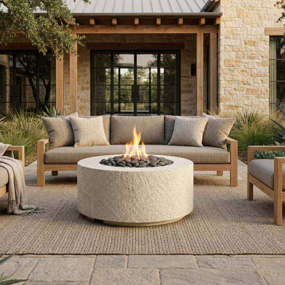 Outdoor cylindrical concrete gas fire pit with flame in central burner bowl