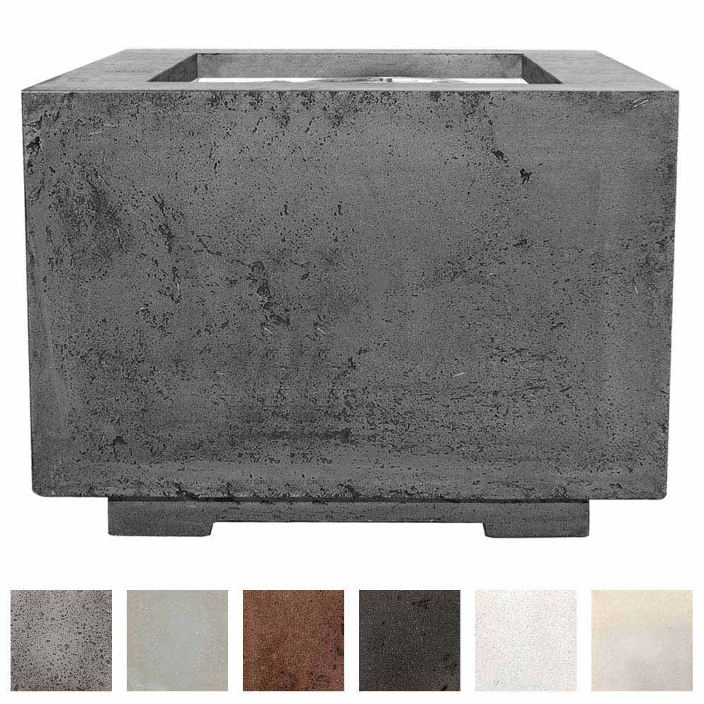 Gray square concrete gas fire pit with top opening, plus color swatch options.