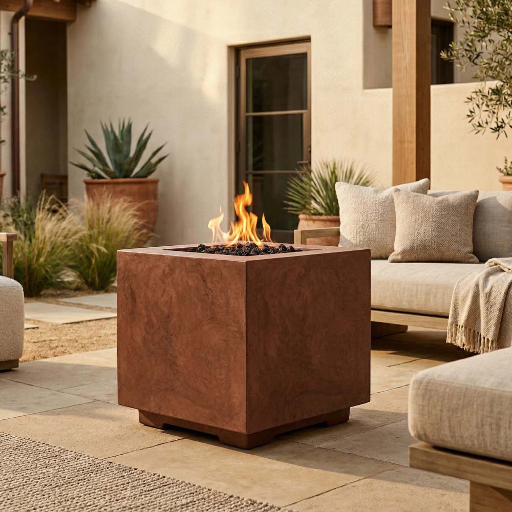 Rust-brown square concrete gas fire pit with flames burning inside.